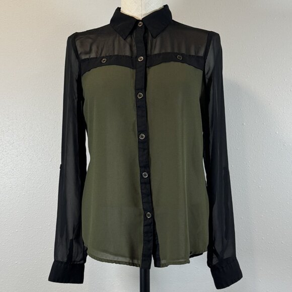 Vanity Womens Green Black Colorblock Semi Sheer Blouse Roll-tab Sleeve Sz Small - Picture 1 of 16